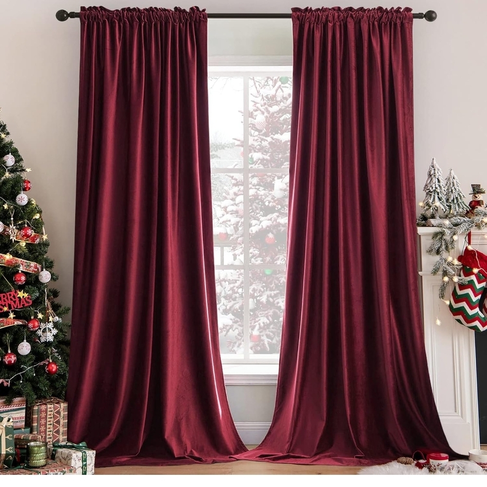 Burgundy Velvet Curtains Thermal Insulated Blackout Curtain Christmas Drapes for